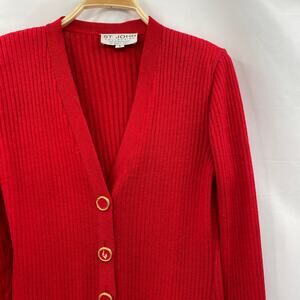 St. john Cherry Red Ribbed Knit Cardigan Sweater